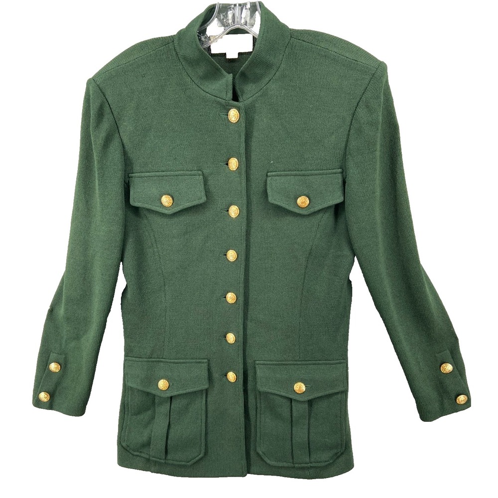 St. John Marie Gray Blazer Jacket‎ Womens 10 Green Santana Knit Gold Buttons USA